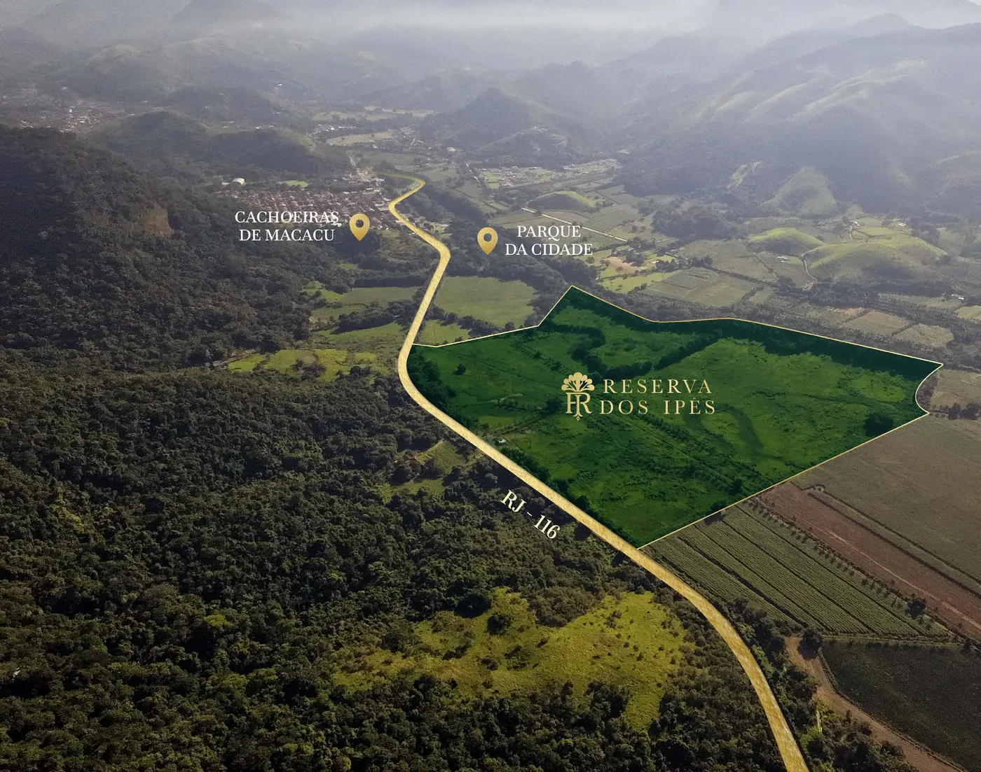 Vista aérea do Reserva dos Ipês às margens da RJ-116, em Cachoeiras de Macacu